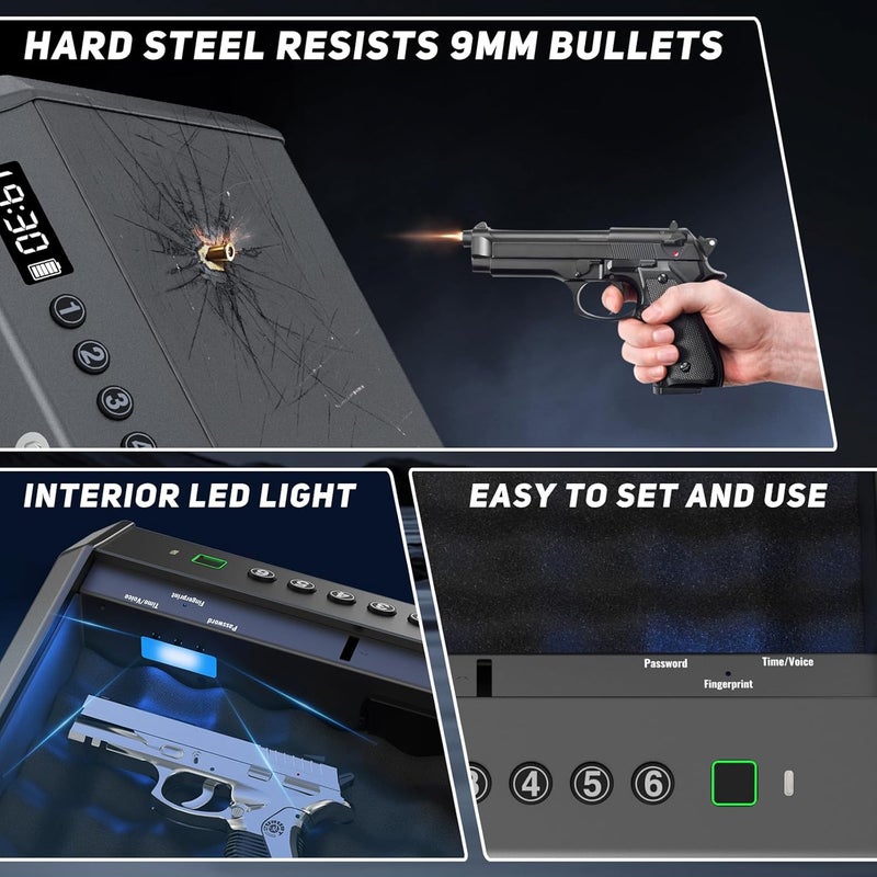 For Shine Biometric Gun Safe for Pistols Handgun Safe with Fingerprint Digital PIN Key Gun Lock Box Storage for Home Bedroom Bedside Nightstand and Car, 3-Ways unlock with Emergency Power Supply - Image 4